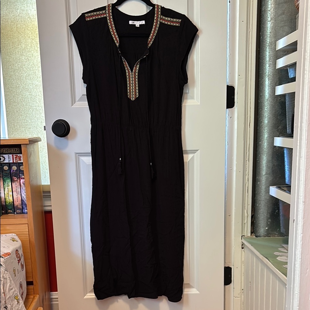 DR2 Black Midi Dress with Multicolor Embroidered Trim